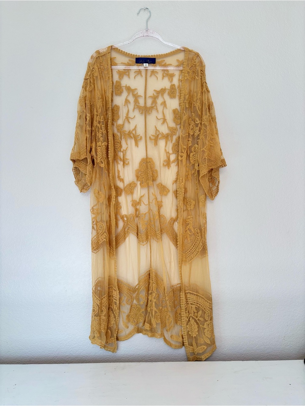 Francesca's Collections Mustard Embroidered Sheer Kimono Cardigan